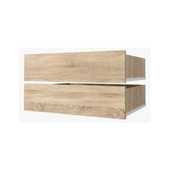 A modern floating two-drawer cabinet with a light oak wood grain finish, shown from a three-quarters perspective against a plain white background.