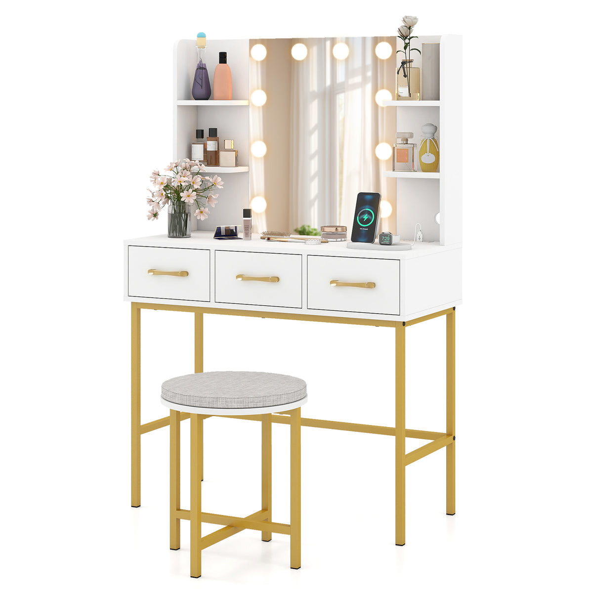Makeup Dressing Table and Cushioned Stool Set with Power Outlets-White
