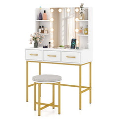 Makeup Dressing Table and Cushioned Stool Set with Power Outlets-White