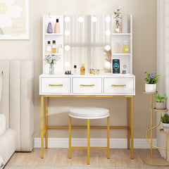 Makeup Dressing Table and Cushioned Stool Set with Power Outlets-White