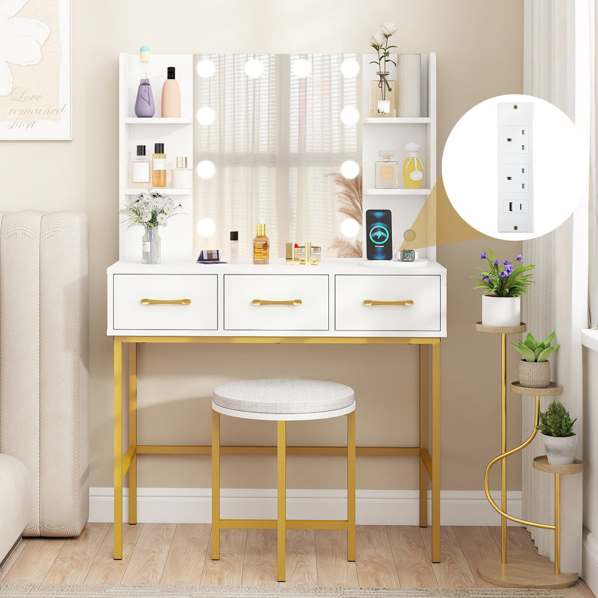Makeup Dressing Table and Cushioned Stool Set with Power Outlets-White