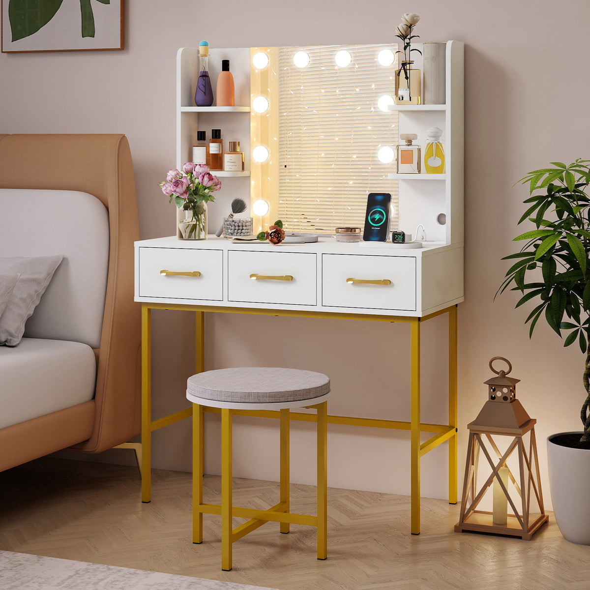 Makeup Dressing Table and Cushioned Stool Set with Power Outlets-White