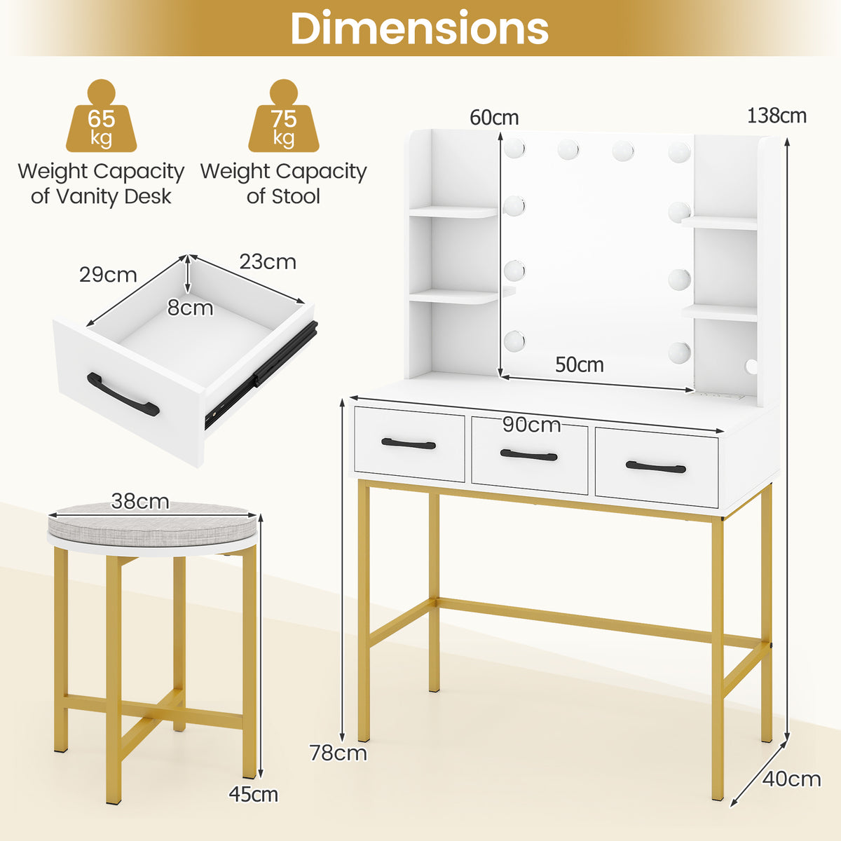 Makeup Dressing Table and Cushioned Stool Set with Power Outlets-White