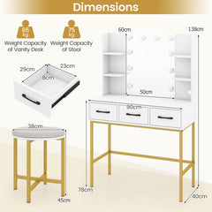 Makeup Dressing Table and Cushioned Stool Set with Power Outlets-White