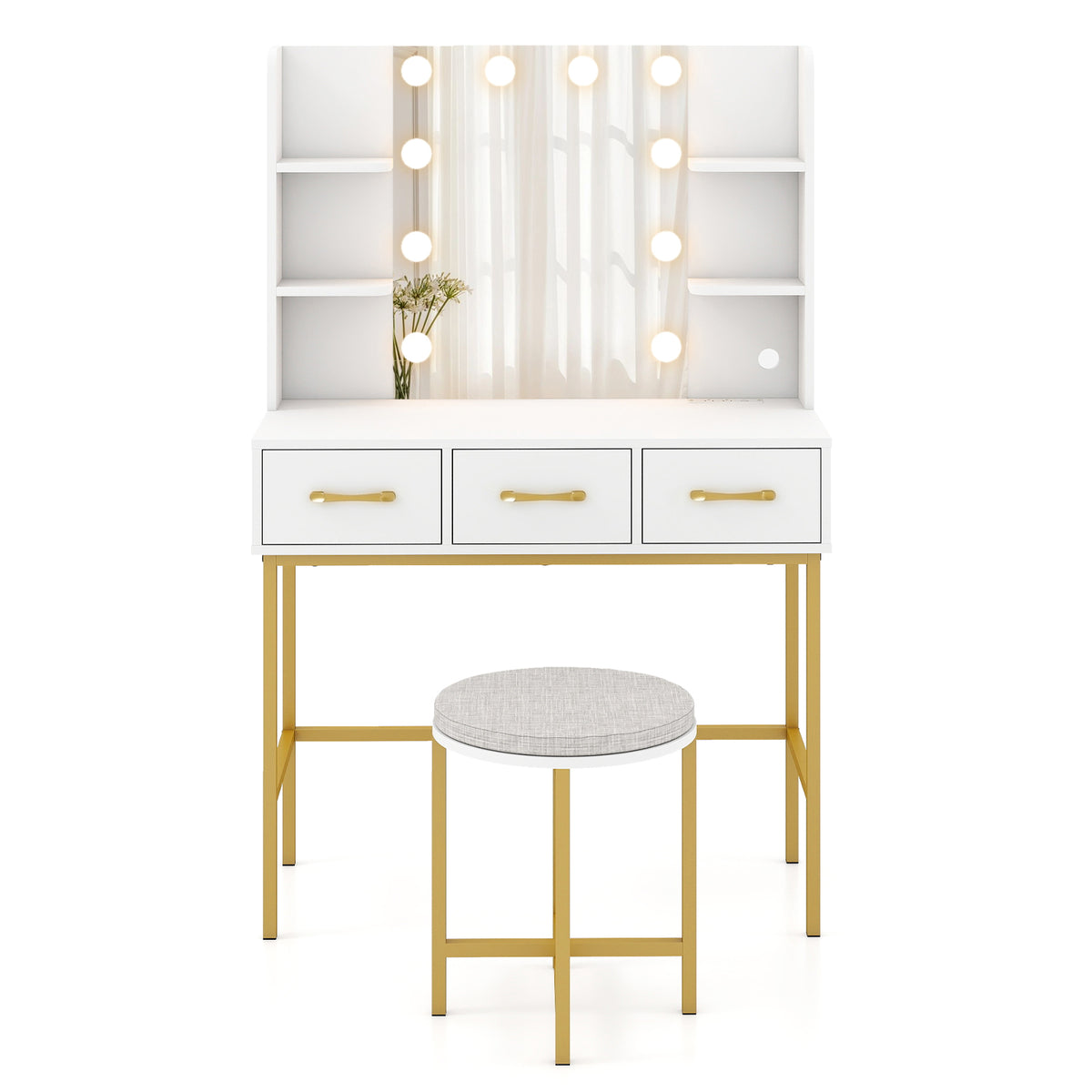 Makeup Dressing Table and Cushioned Stool Set with Power Outlets-White