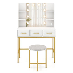 Makeup Dressing Table and Cushioned Stool Set with Power Outlets-White