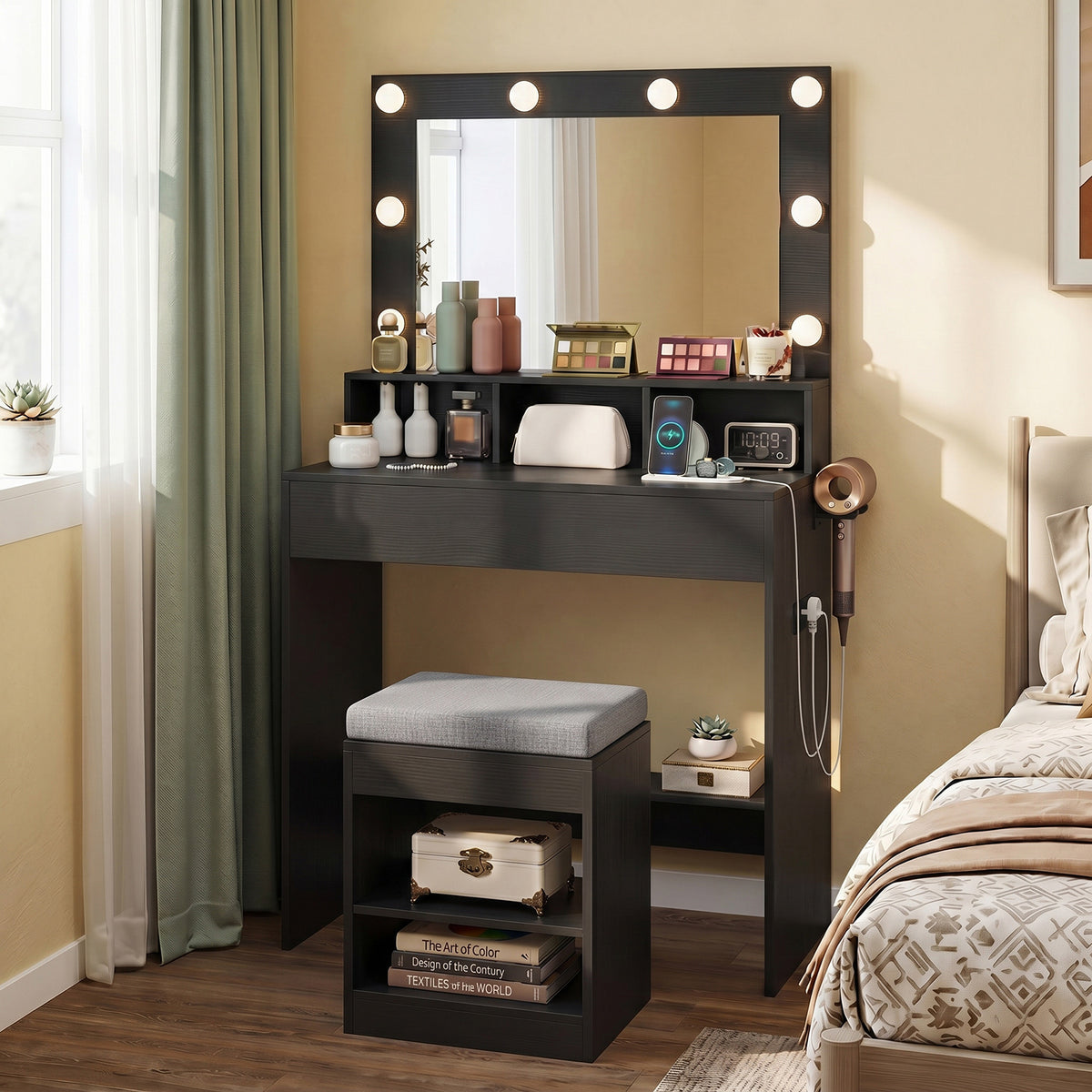 Makeup Vanity Desk Set with Mirror and Lights and Stool 3-Color LED-Black