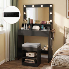 Makeup Vanity Desk Set with Mirror and Lights and Stool 3-Color LED-Black