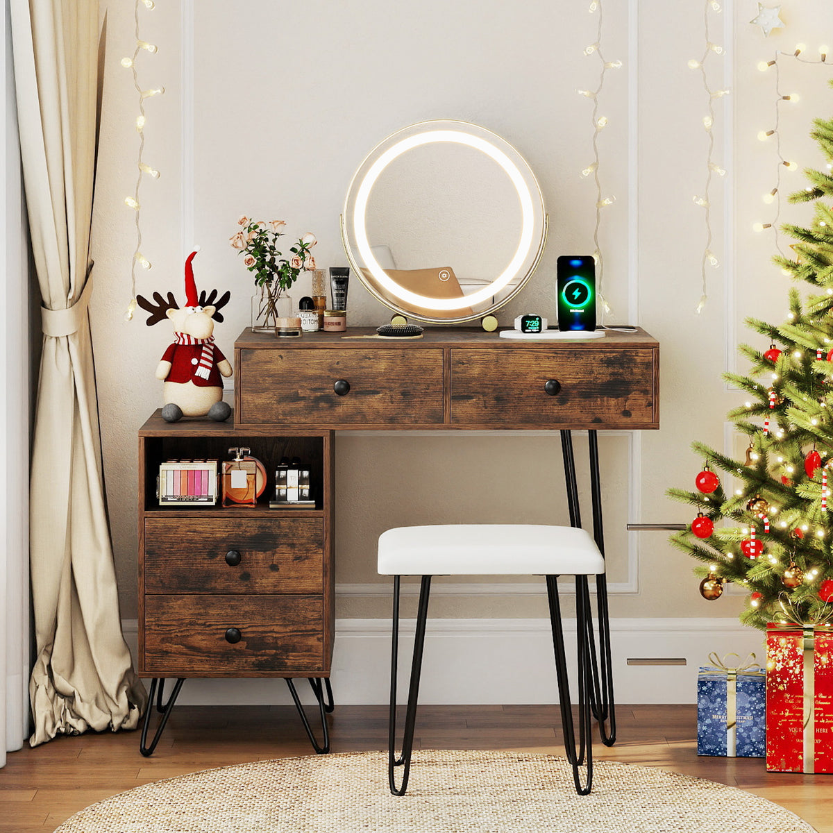 Makeup Vanity Desk with Rotatable Mirror and 4 Pull-out Drawers-Rustic Brown