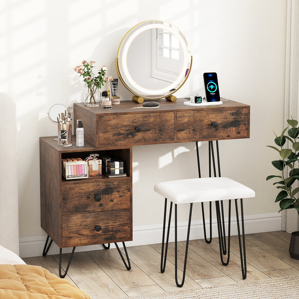 Makeup Vanity Desk with Rotatable Mirror and 4 Pull-out Drawers-Rustic Brown