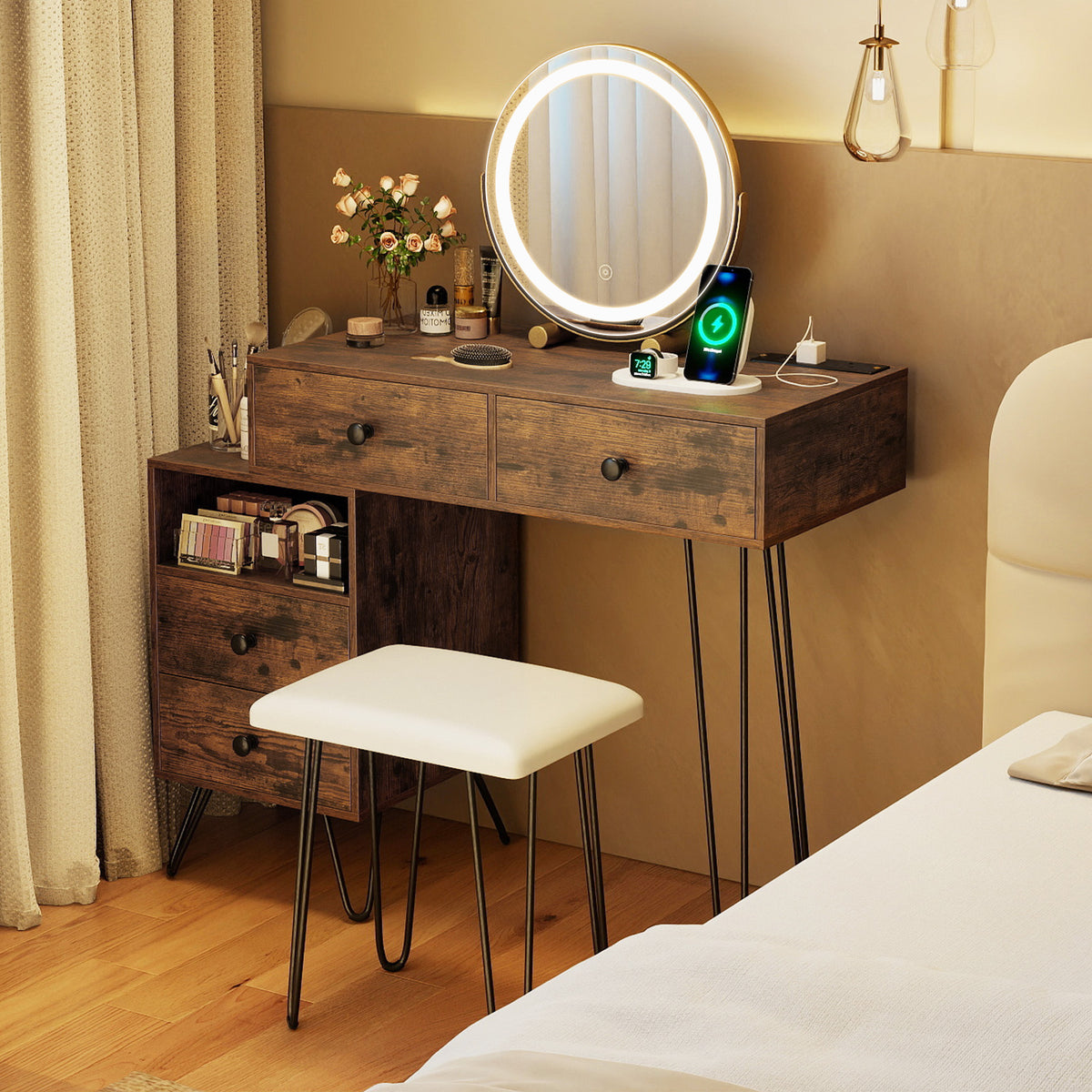 Makeup Vanity Desk with Rotatable Mirror and 4 Pull-out Drawers-Rustic Brown