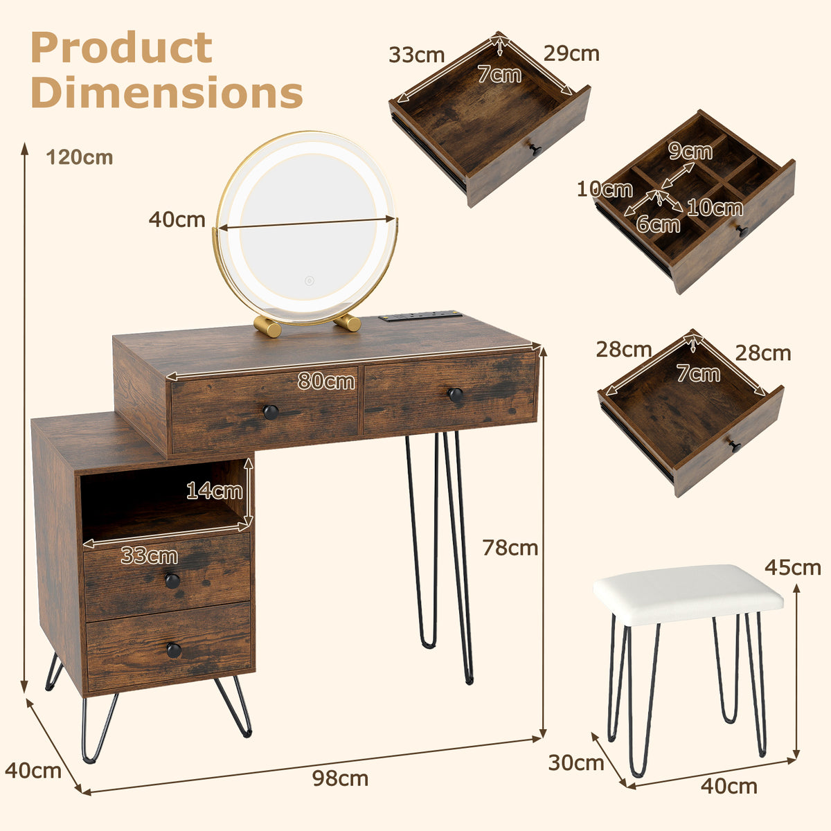 Makeup Vanity Desk with Rotatable Mirror and 4 Pull-out Drawers-Rustic Brown
