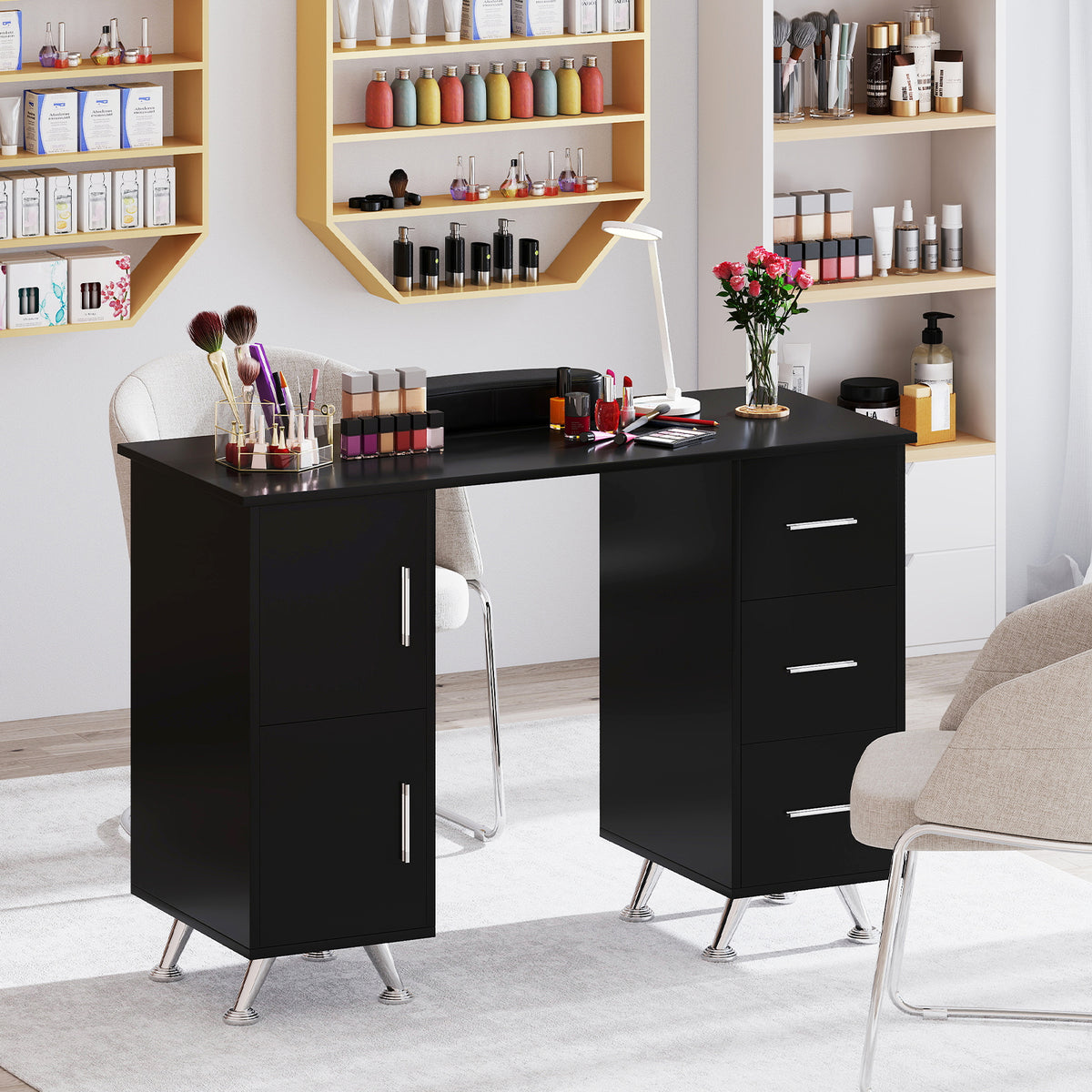 Manicure Table with 8 Metal Legs and Wrist Pad-Black