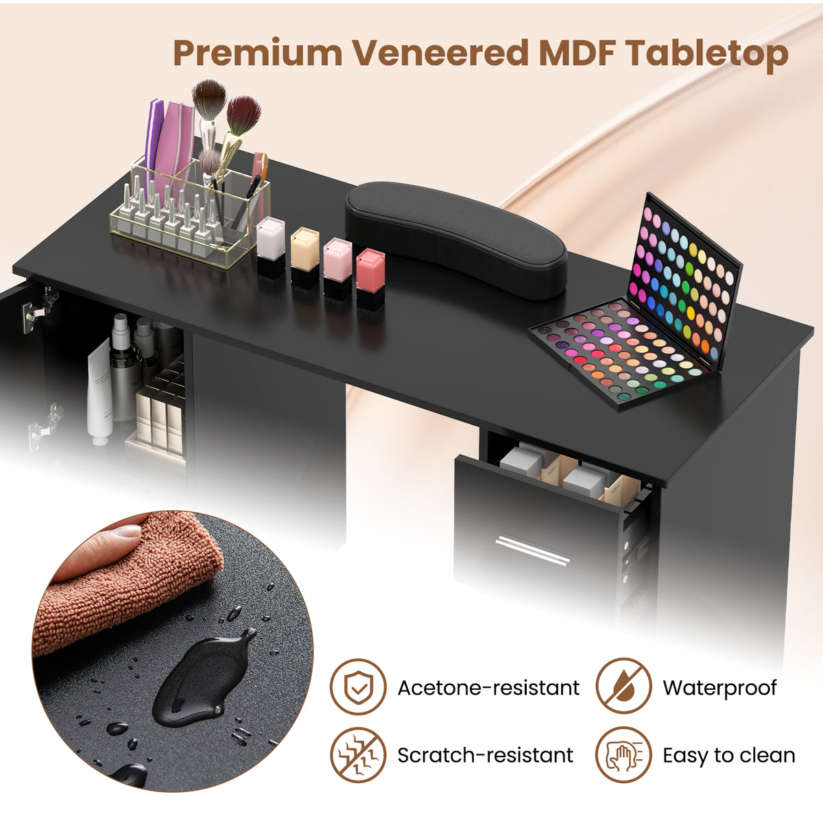 Manicure Table with 8 Metal Legs and Wrist Pad-Black