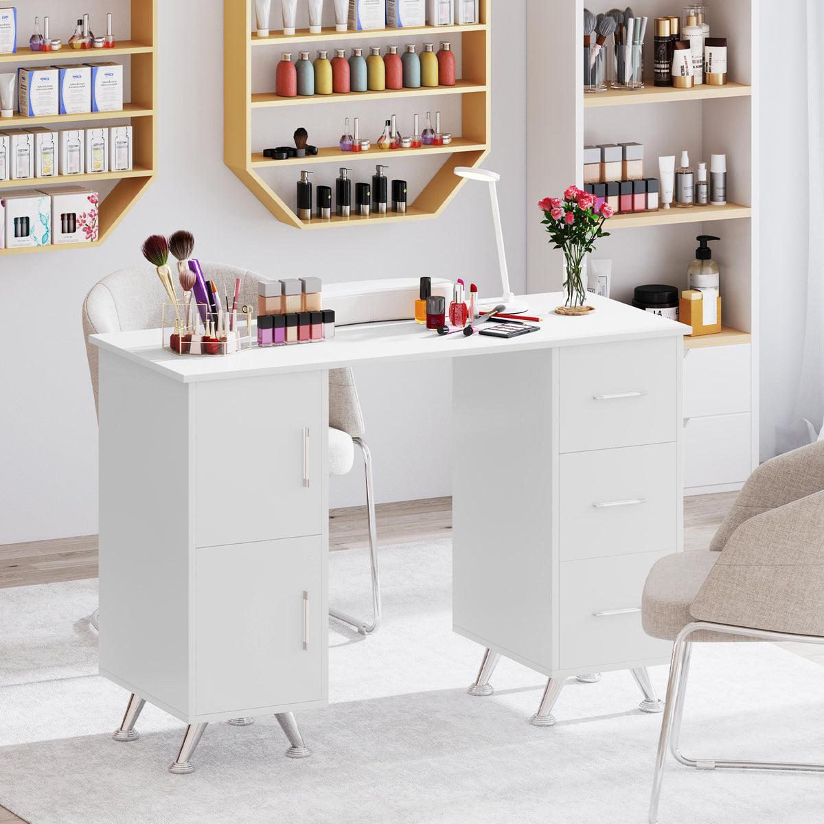 Manicure Table with 8 Metal Legs and Wrist Pad-White