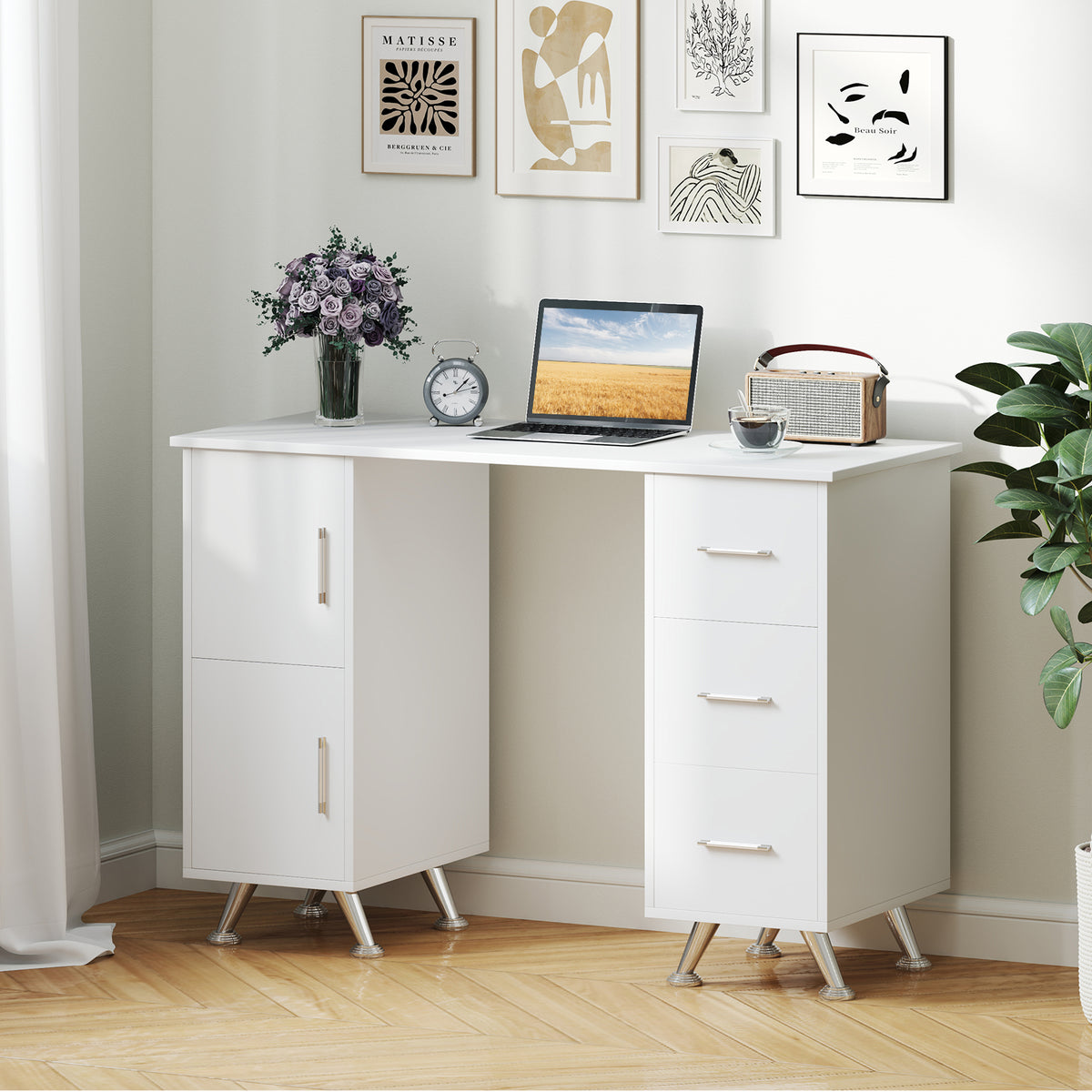 Manicure Table with 8 Metal Legs and Wrist Pad-White