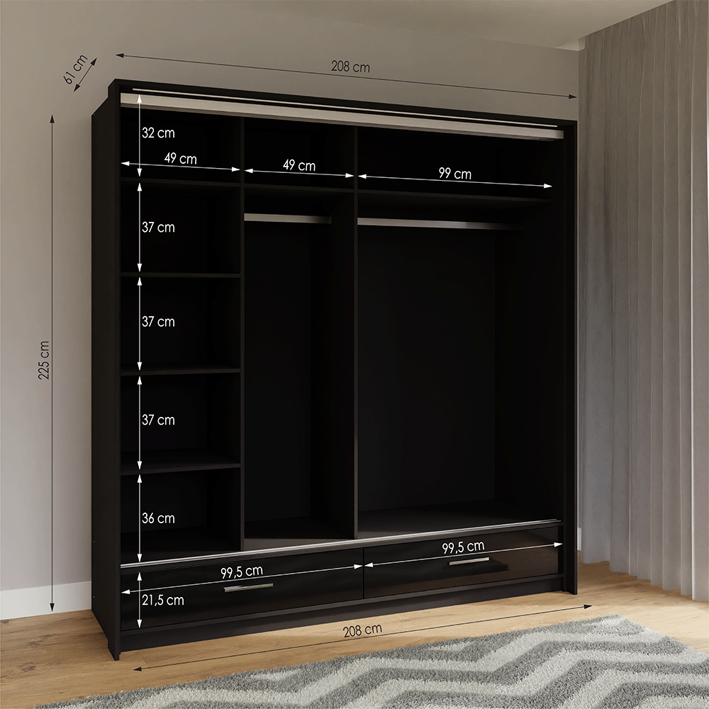 Black Gloss Mirrored Sliding Door Wardrobe 208cm – EPSOM