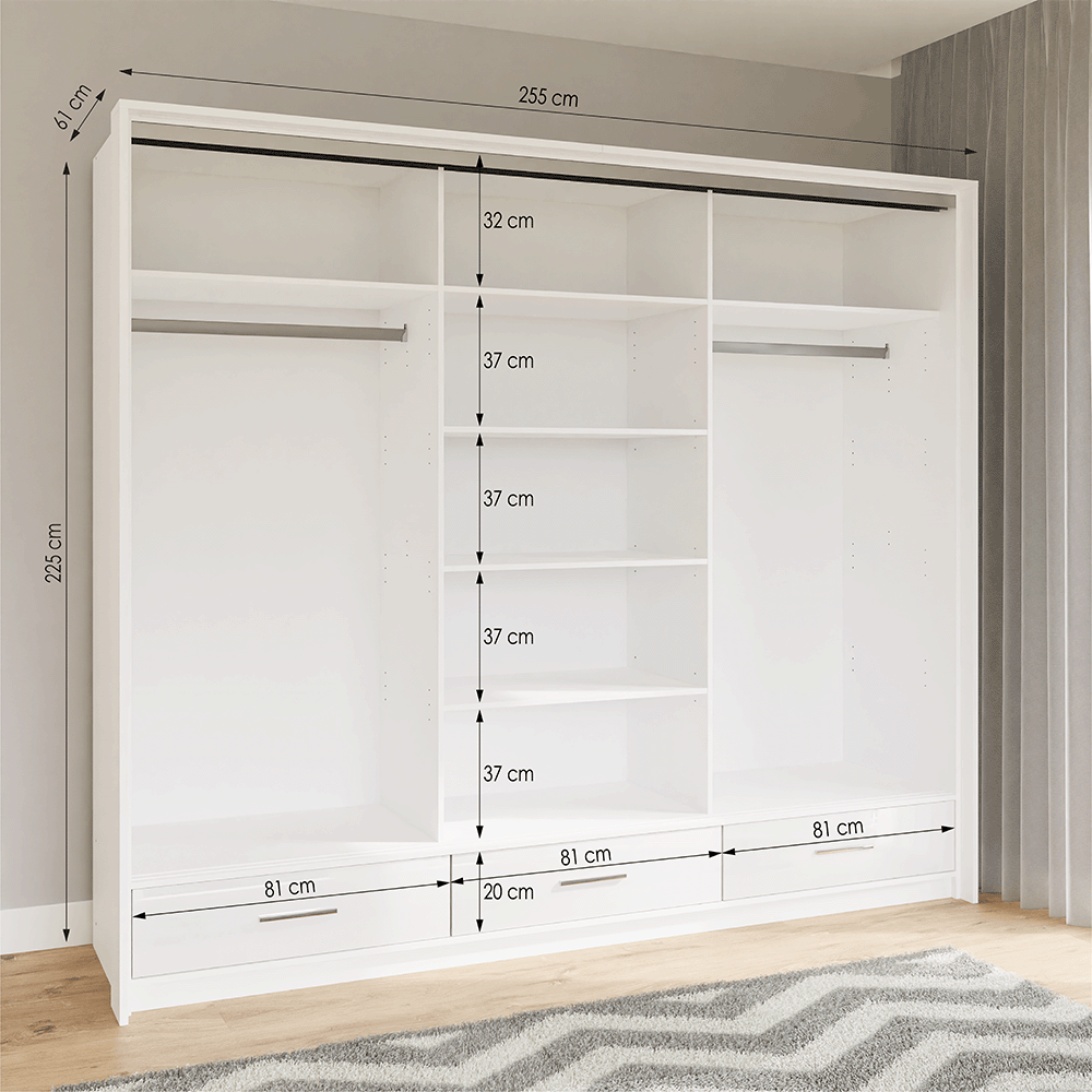 White Gloss Mirrored Sliding Door Wardrobe 255cm – EPSOM