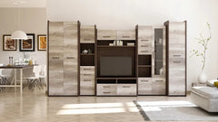 The Mokka II wall unit is shown in a contemporary living room with a dining area