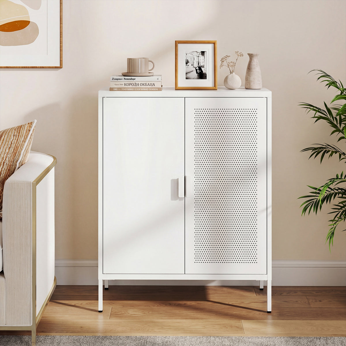 Metal Buffet Sideboard with 2 Doors and Adjustable Shelves-White