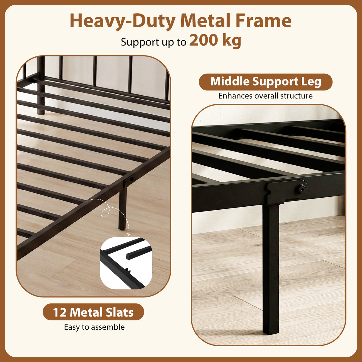 Metal Daybed Frame Sofa Bed with Classic Headboard Platform Bed Foundation-Black
