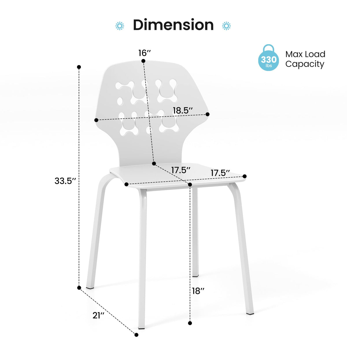 Dimension diagram of a white metal dining chair showing height and width