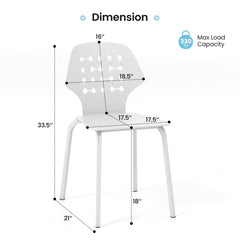 Dimension diagram of a white metal dining chair showing height and width