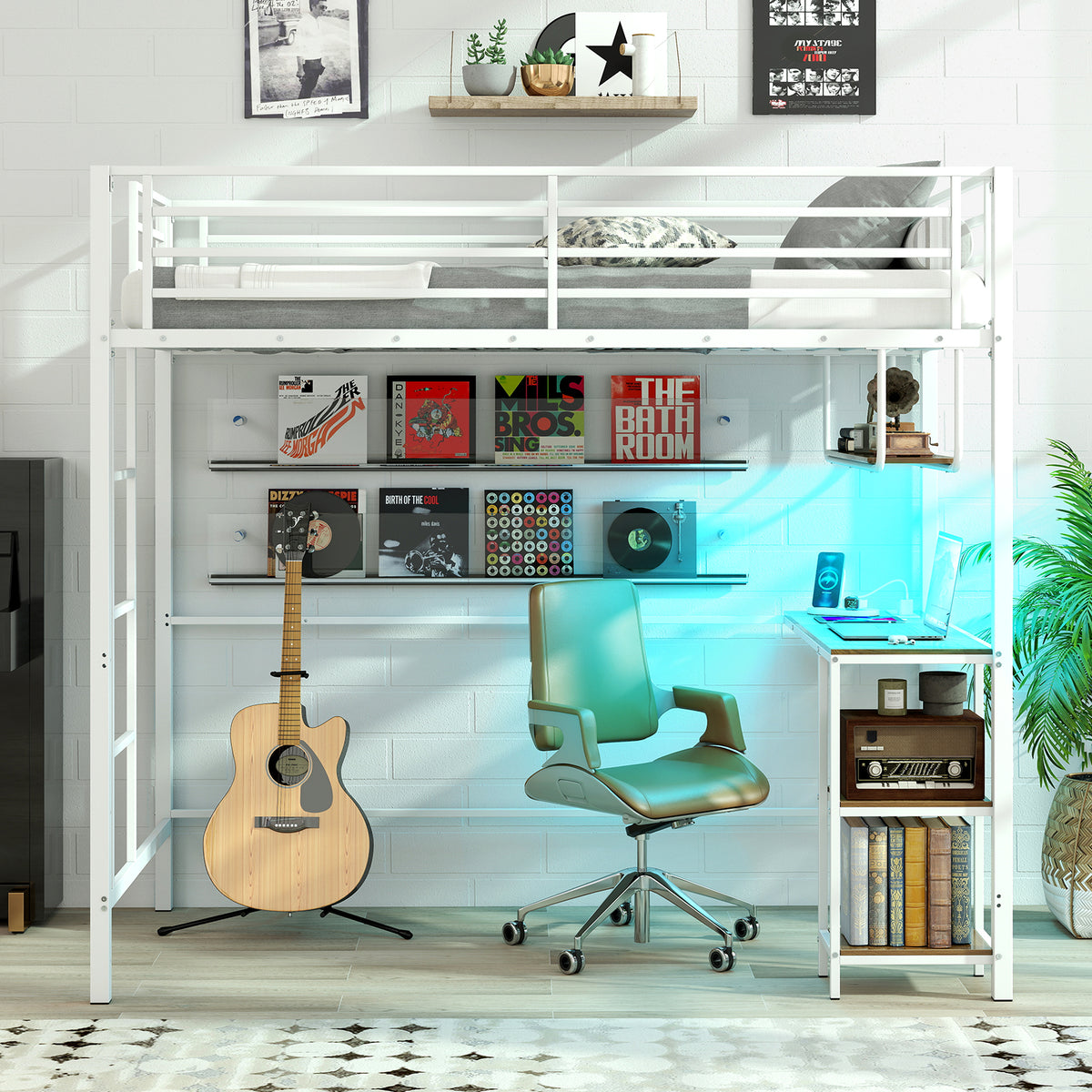 Metal Loft Bed Frame with Charging Station and Light Strip-Natural