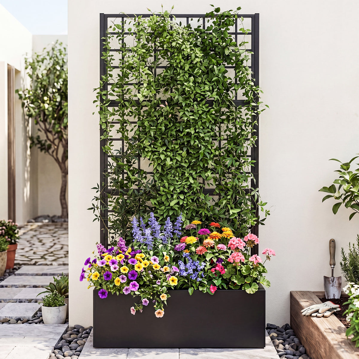 Metal Raised Garden Bed with Trellis and Drainage Holes-Black