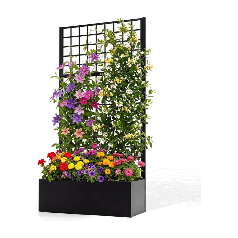 Metal Raised Garden Bed with Trellis and Drainage Holes-Black