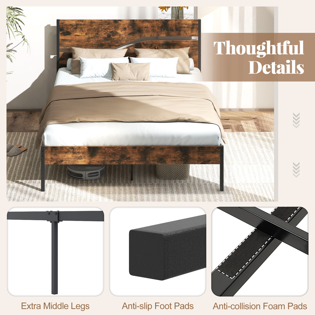Single/Double/King Metal Bed Frame with Wooden Headboard and Footboard-Rustic Brown-King size