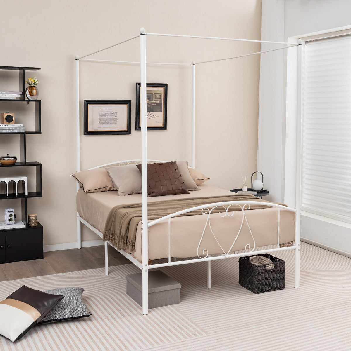 Double Size Metal Canopy Bed Frame-White
