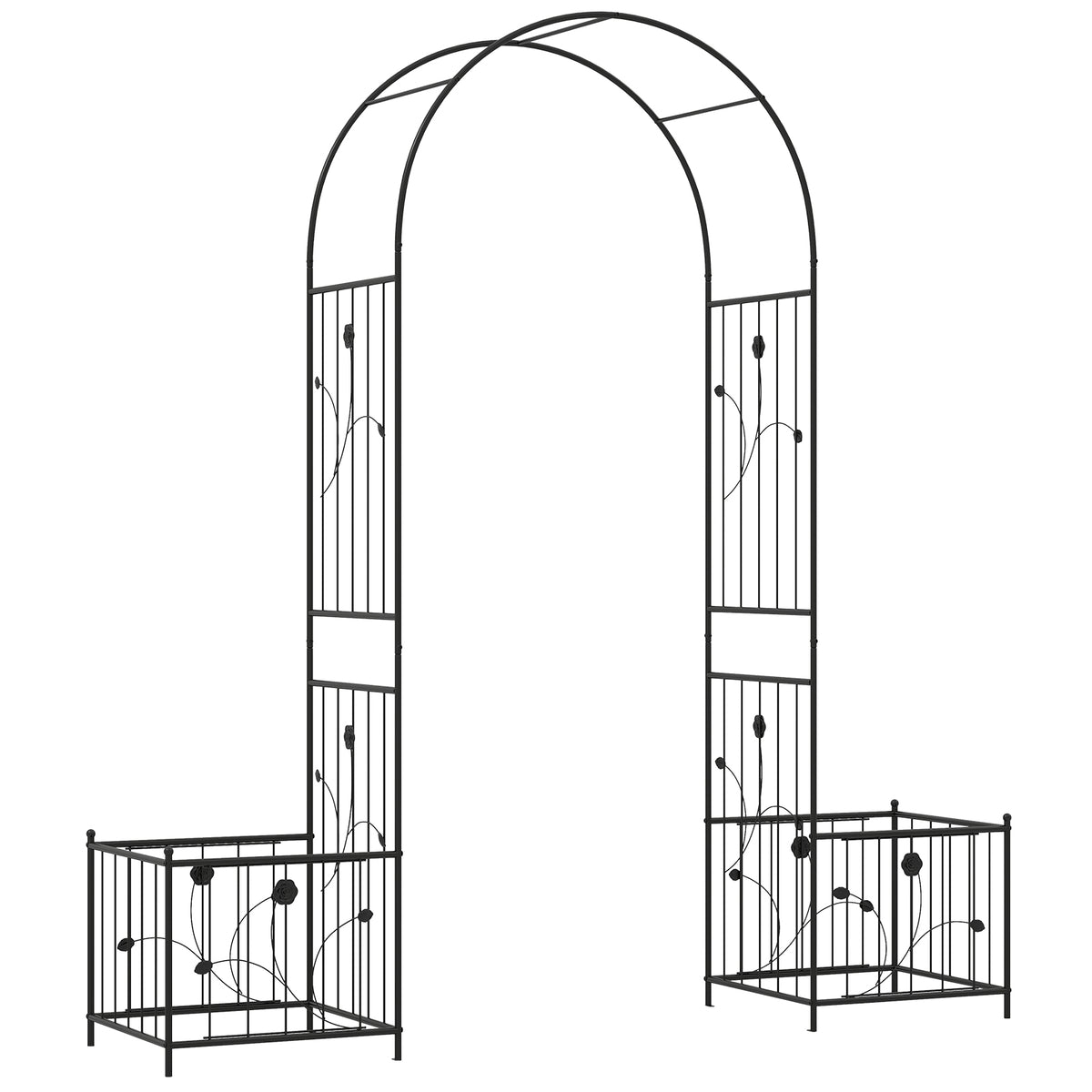 Metal Garden Arbor with Planter Boxes and Ground Stakes for Climbing Plants