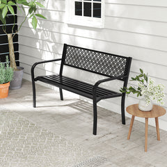 Metal Outdoor Garden Patio Bench with Geometric Lattice Backrest-Black