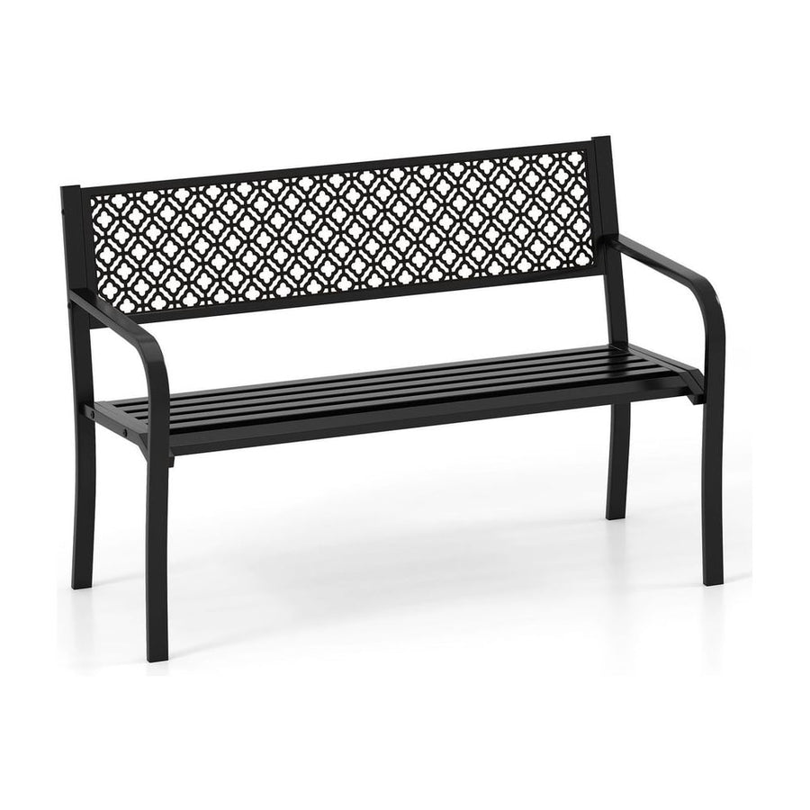 Metal Outdoor Garden Patio Bench with Geometric Lattice Backrest-Black