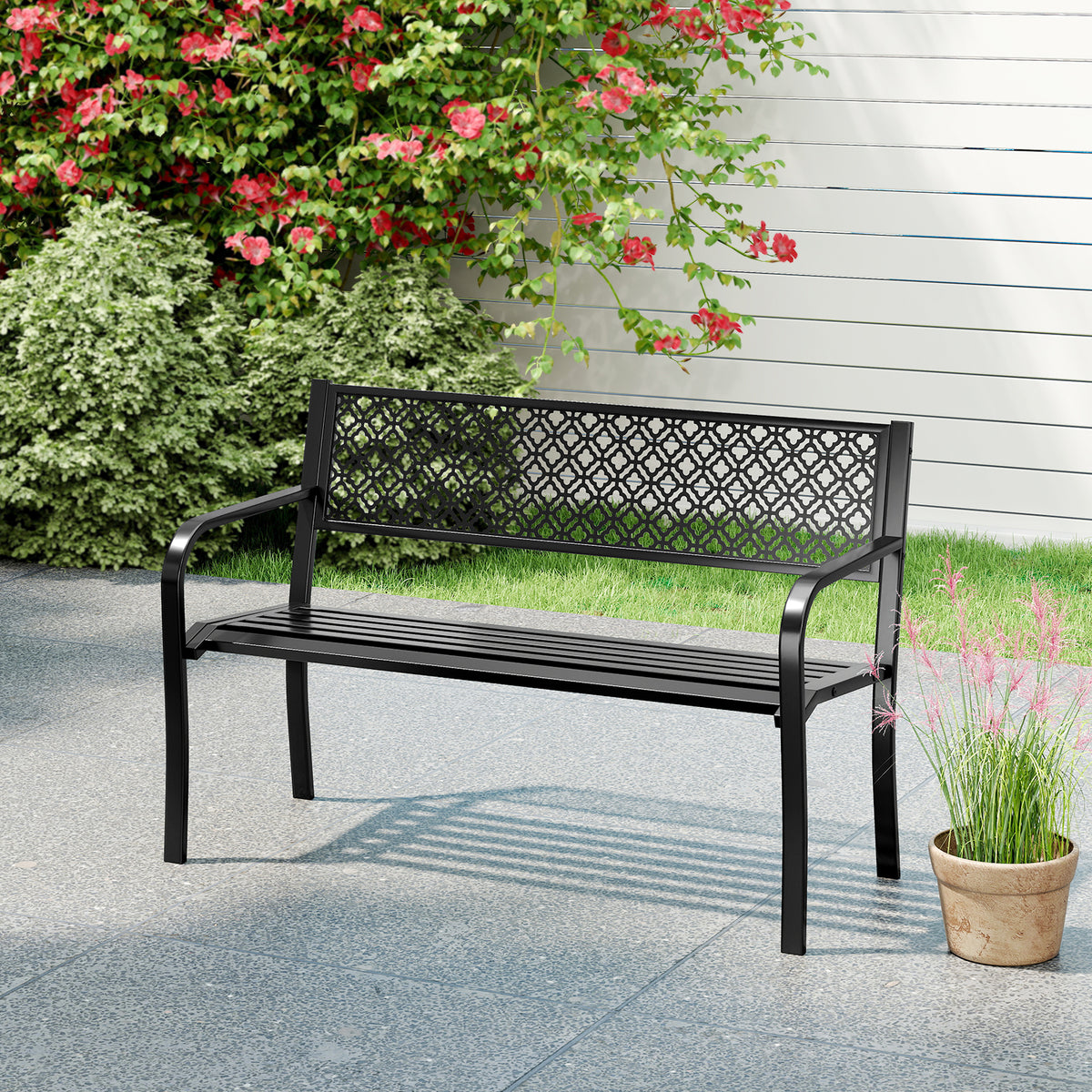 Metal Outdoor Garden Patio Bench with Geometric Lattice Backrest-Black