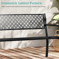 Metal Outdoor Garden Patio Bench with Geometric Lattice Backrest-Black