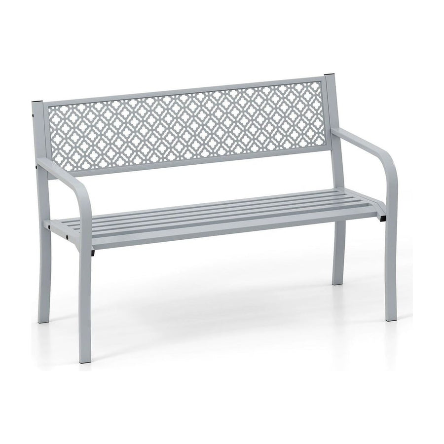Metal Outdoor Garden Patio Bench with Geometric Lattice Backrest-Grey