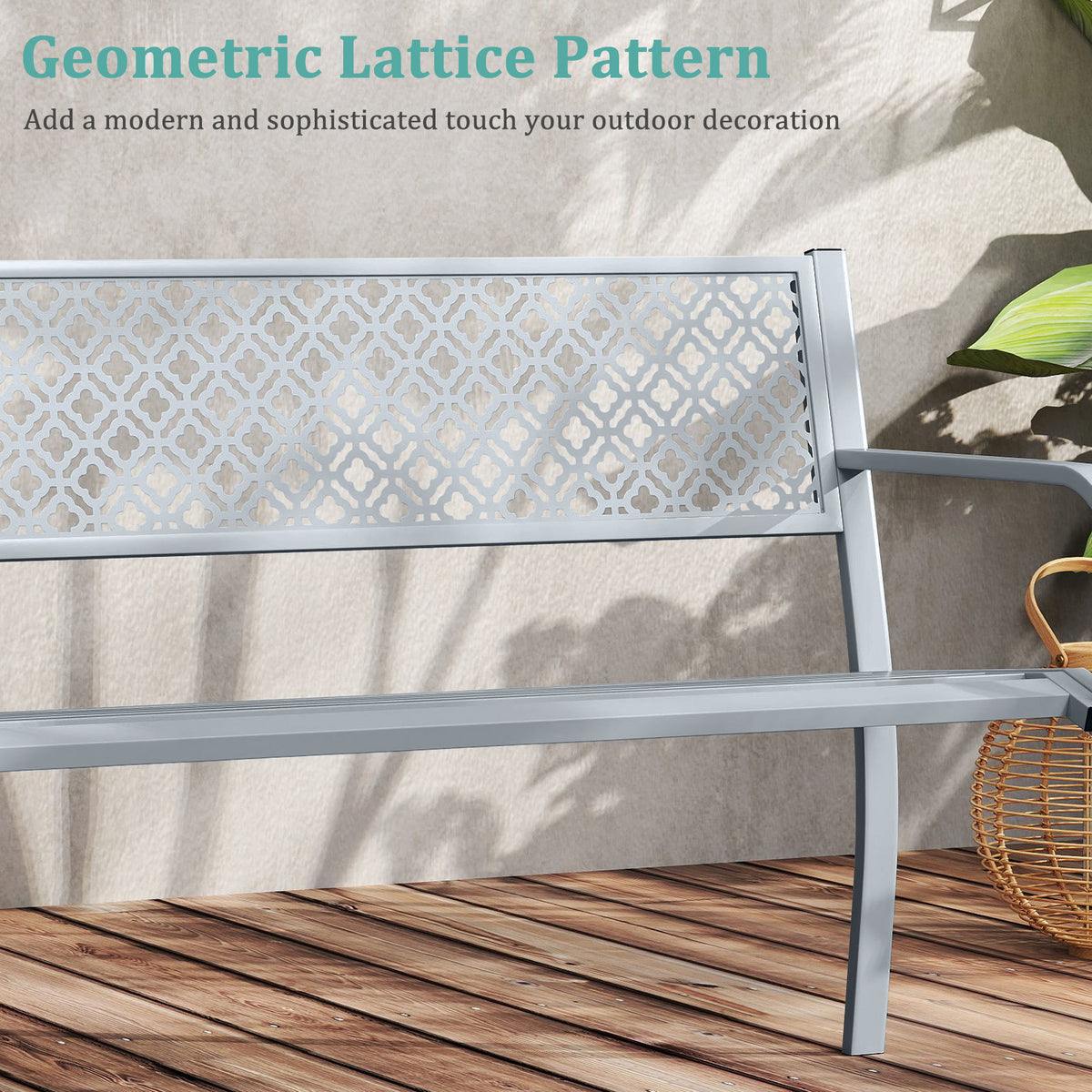 Metal Outdoor Garden Patio Bench with Geometric Lattice Backrest-Grey