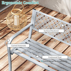 Metal Outdoor Garden Patio Bench with Geometric Lattice Backrest-Grey