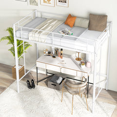 Metal Space-saving Loft Bed Frame with Full-length Safety Guardrail-White