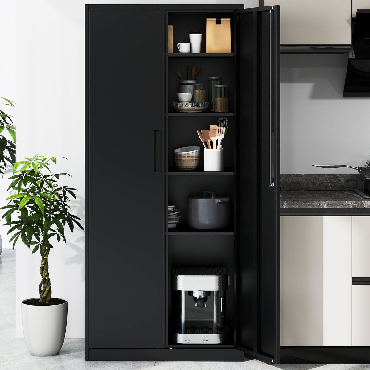 Metal Storage Cabinet with 2 Lockable Doors and 4 Adjustable Shelves-L-Black