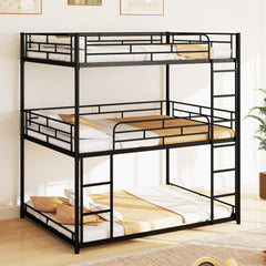 Metal Triple Bunk Bed with Safety Guardrails and 2 Ladders-Black
