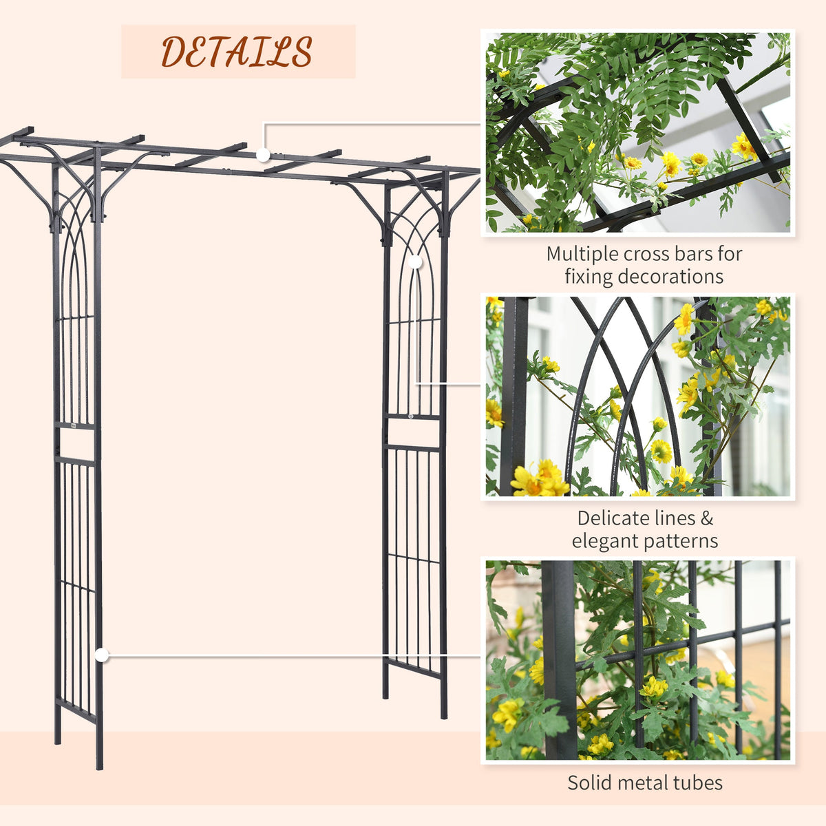 Outsunny 210cm Decorative Metal Garden Trellis Arch with Durable Steel Tubing & Elegant Scrollwork, Great for Weddings, Dark Gre