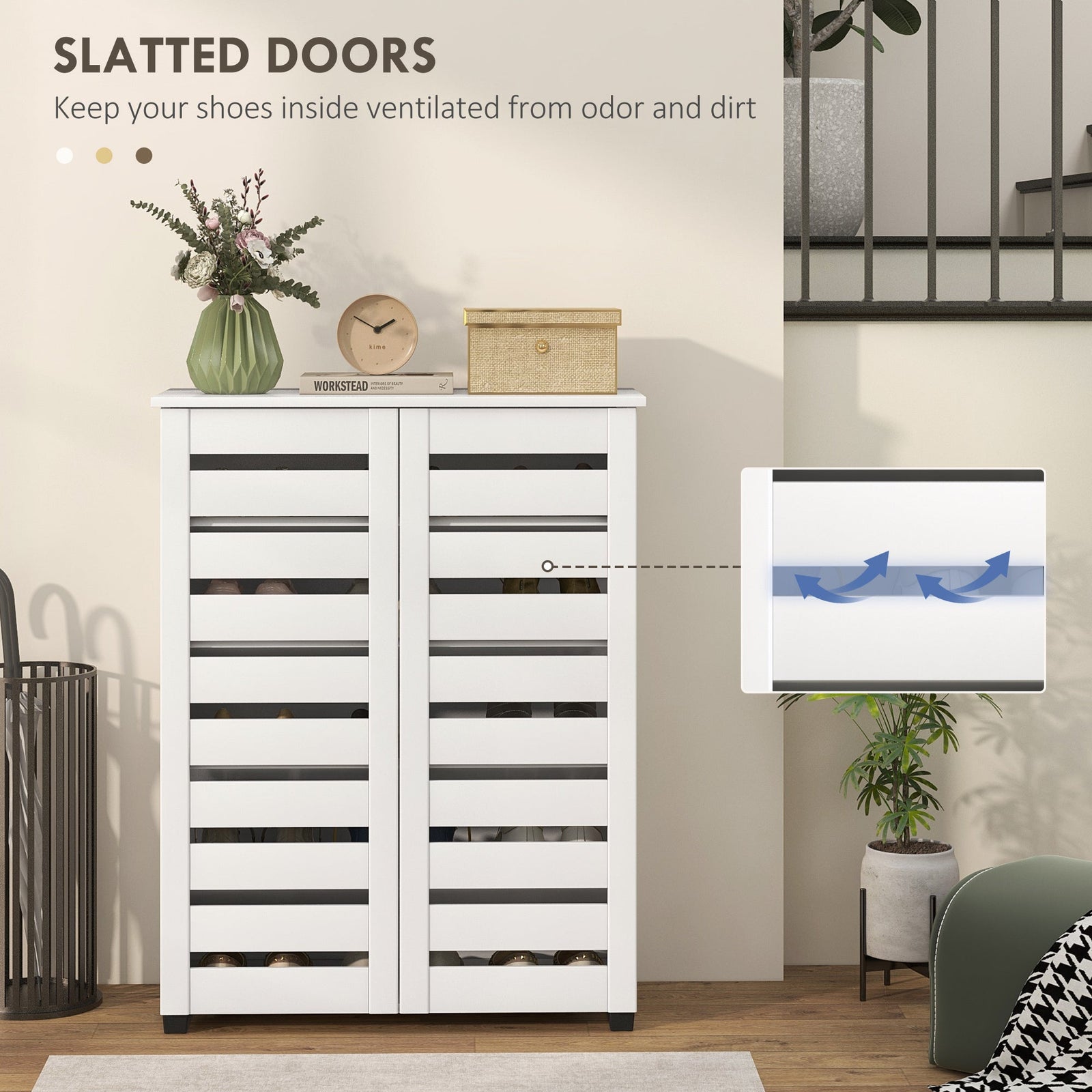 HOMCOM Narrow Shoe Cabinet for Entryway, 5-Tier Slim Shoe Storage Cabinet with 2 Slatted Doors and Adjustable Shelves