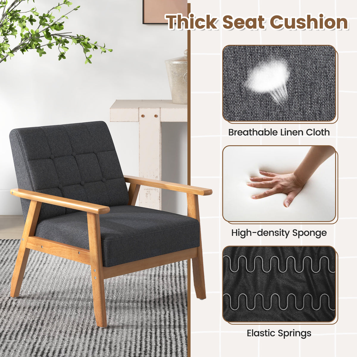 Mid-century Modern Accent Chair with Breathable Linen Cloth-Grey