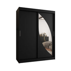 The black sliding door wardrobe with a curved mirror on a white background