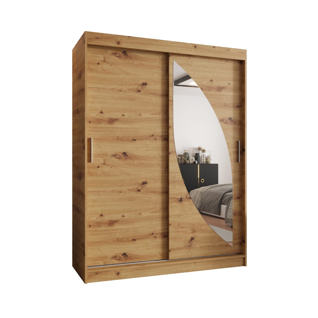 The oak effect sliding door wardrobe with a curved mirror on a white background
