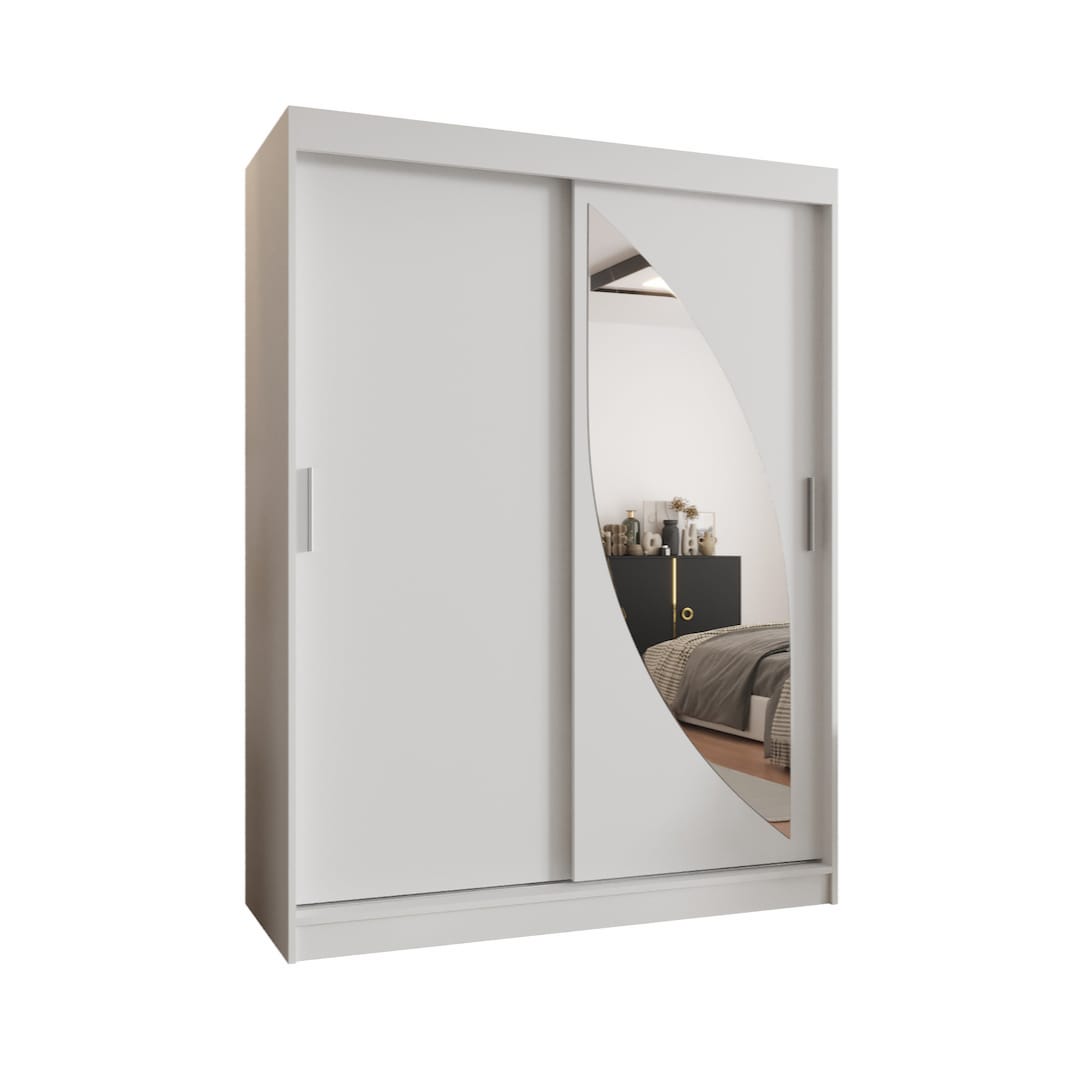 The white sliding door wardrobe with a curved mirror on a white background