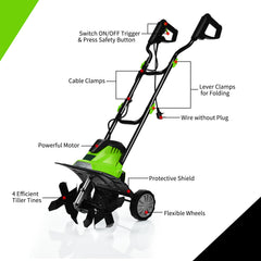 Mini Cultivator with Foldable Handle and Adjustable Wheels-Green